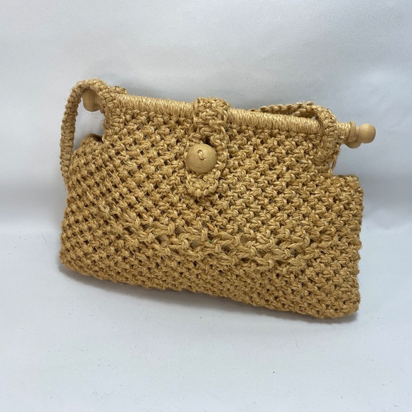 Vintage Kathy McKeany Natural Jute Macrame Handbag Purse Lined Columbia Boho - Picture 3 of 10